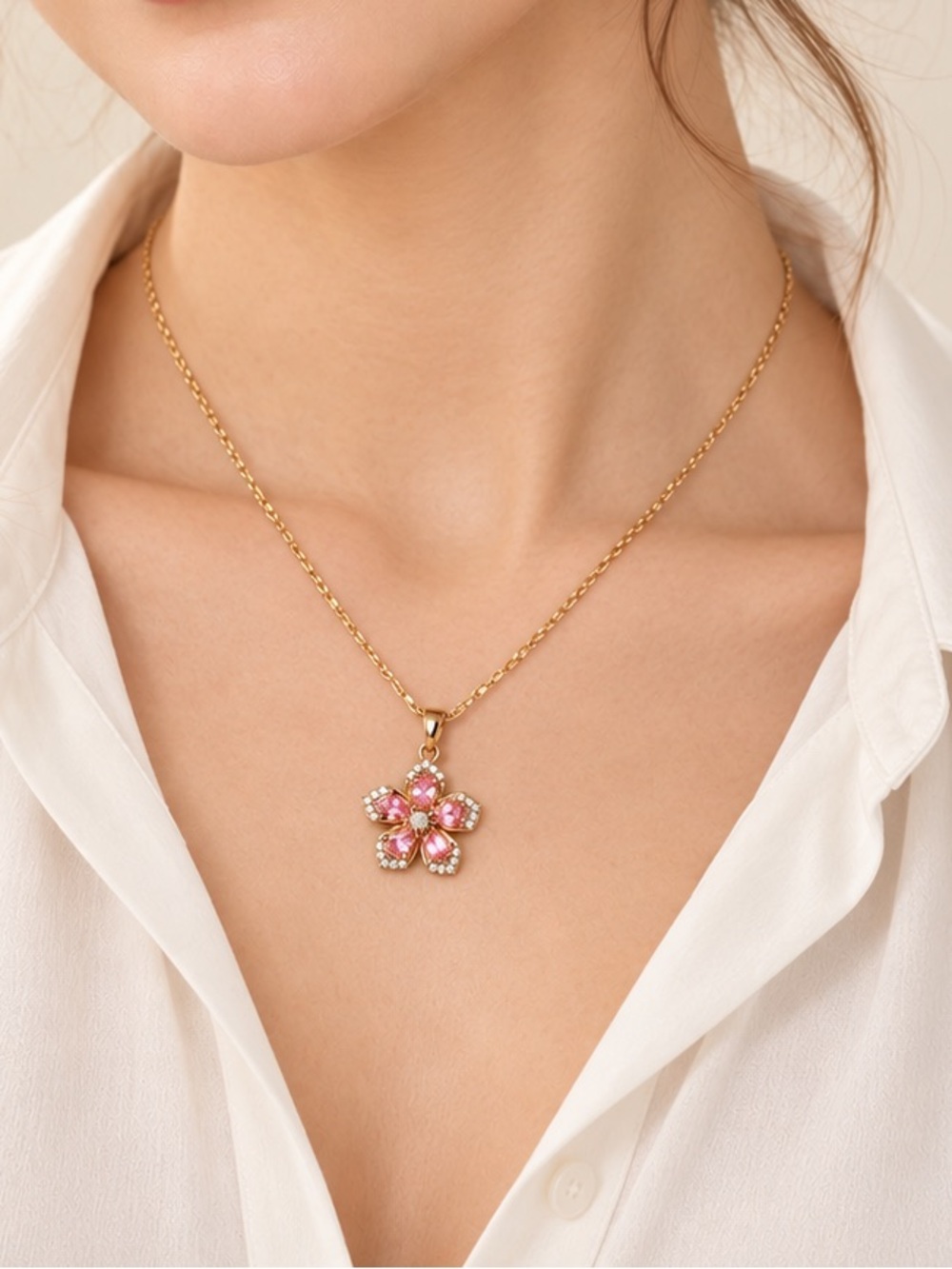 Gold Pink Floral Pendant Necklac